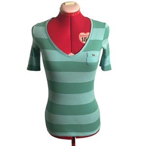 Vintage Lacoste Women’s Green Striped V-neck pocket tee shirt top size 36